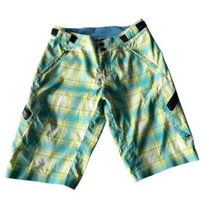Zoic Women's Sz S Green BLue Plaid Zip Pockets Stretch Adjustable Waist Shorts